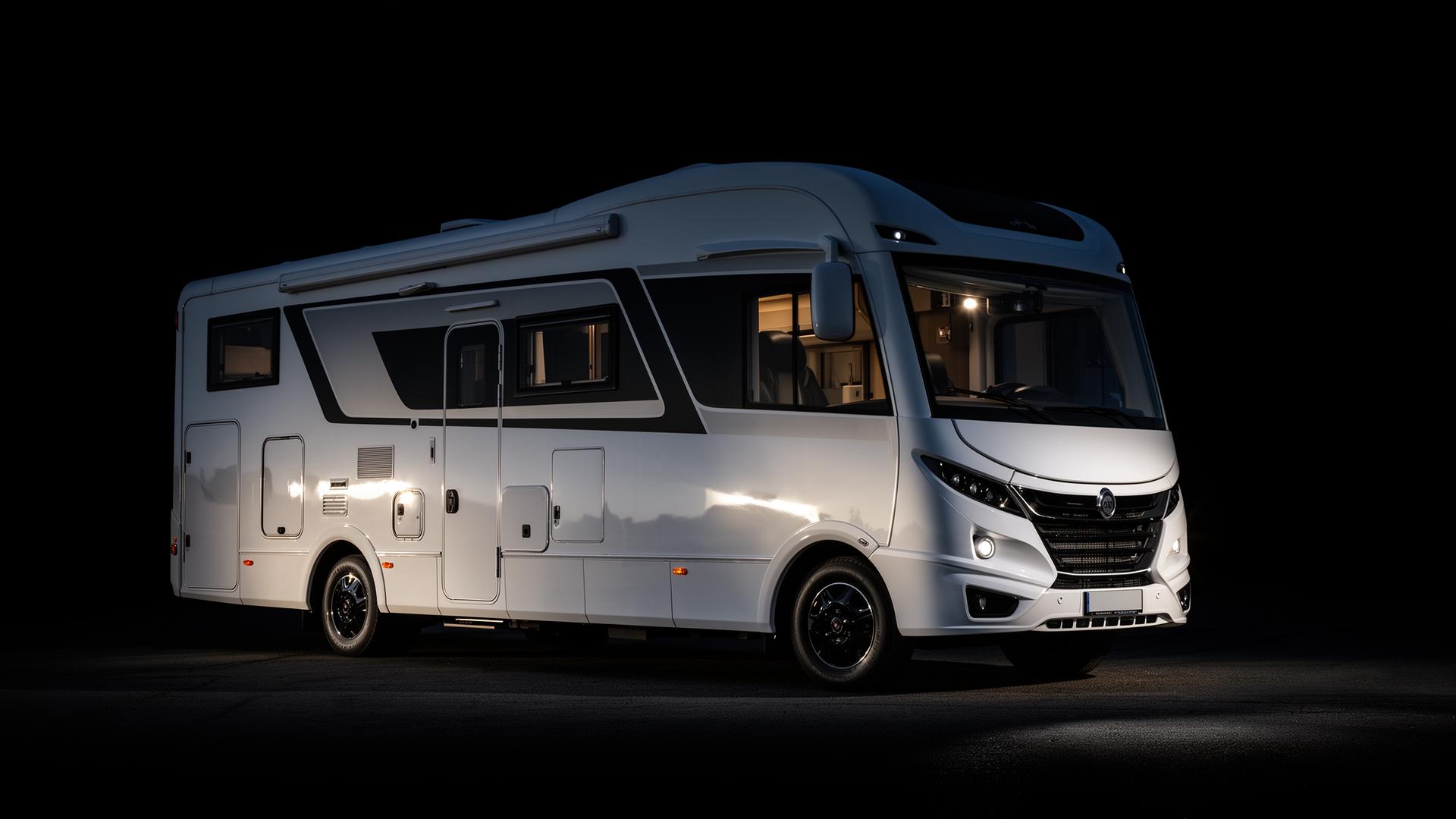 Clean white luxury RV at dusk